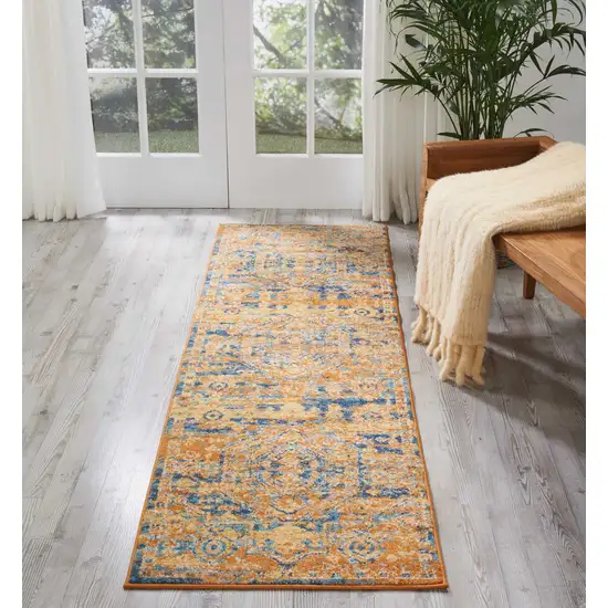 Gold and Blue Antique Runner Rug Photo 4