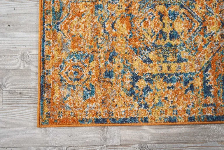 Gold and Blue Antique Runner Rug Photo 3
