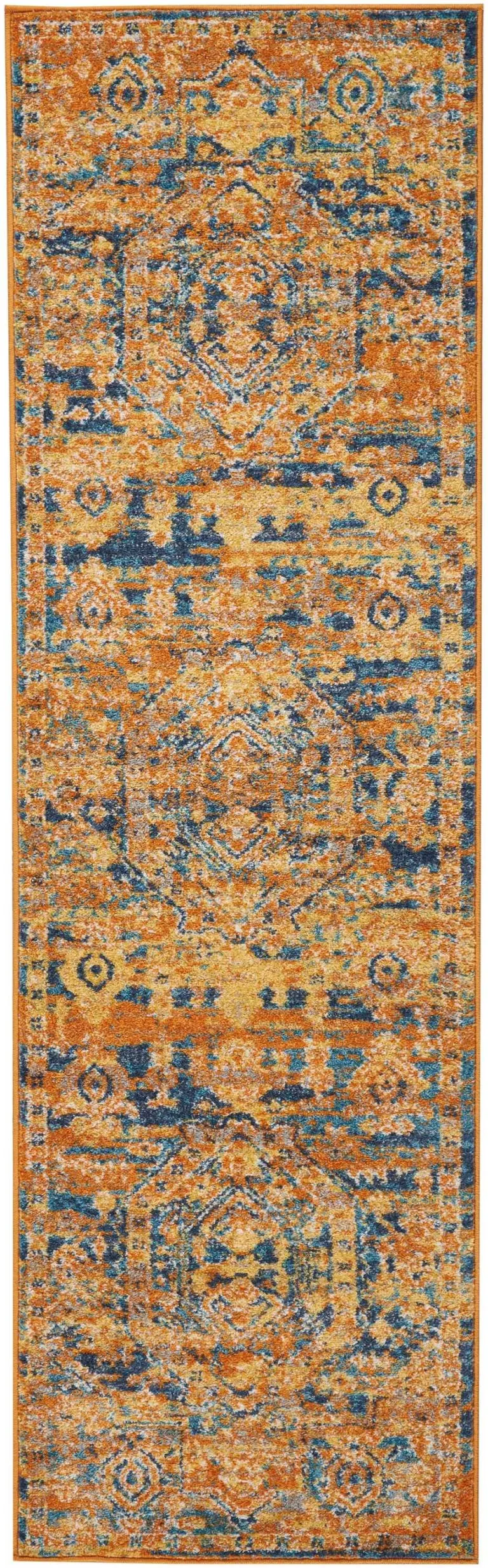 Gold and Blue Antique Runner Rug Photo 1