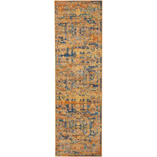 Gold and Blue Antique Runner Rug Photo 1