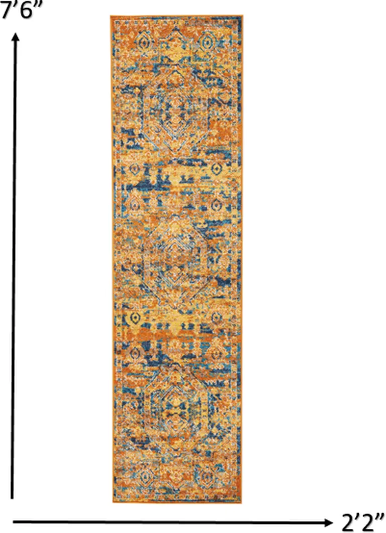 Gold and Blue Antique Runner Rug Photo 2
