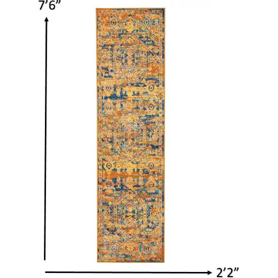 Gold and Blue Antique Runner Rug Photo 2
