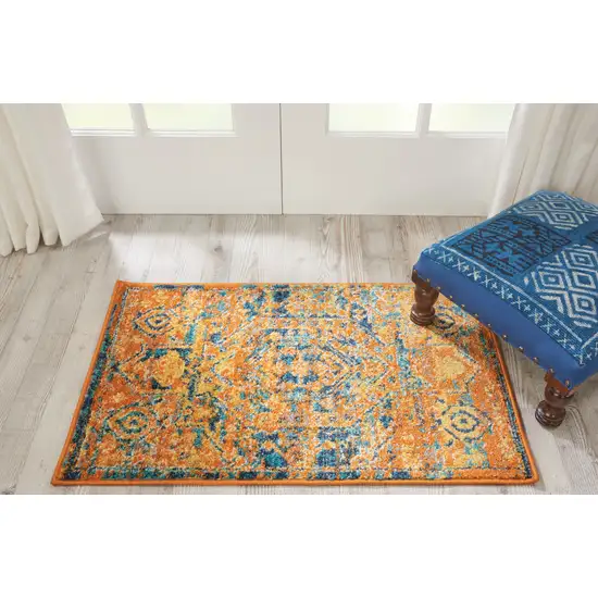 Teal And Gold Medallion Distressed Area Rug Photo 6