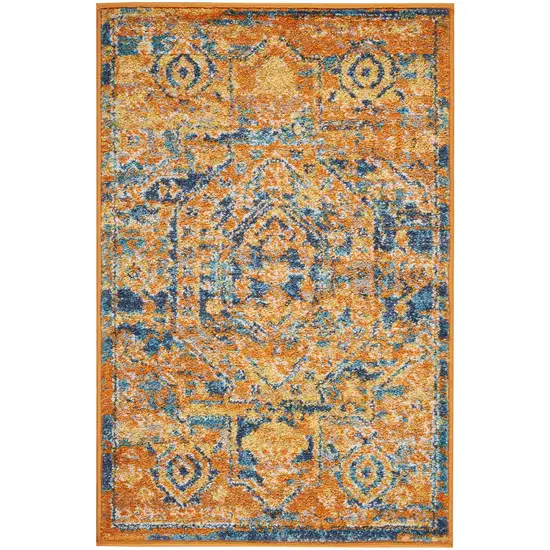 Teal And Gold Medallion Distressed Area Rug Photo 1