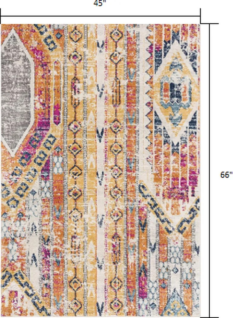 Gold and Ivory Distressed Tribal Area Rug Photo 1