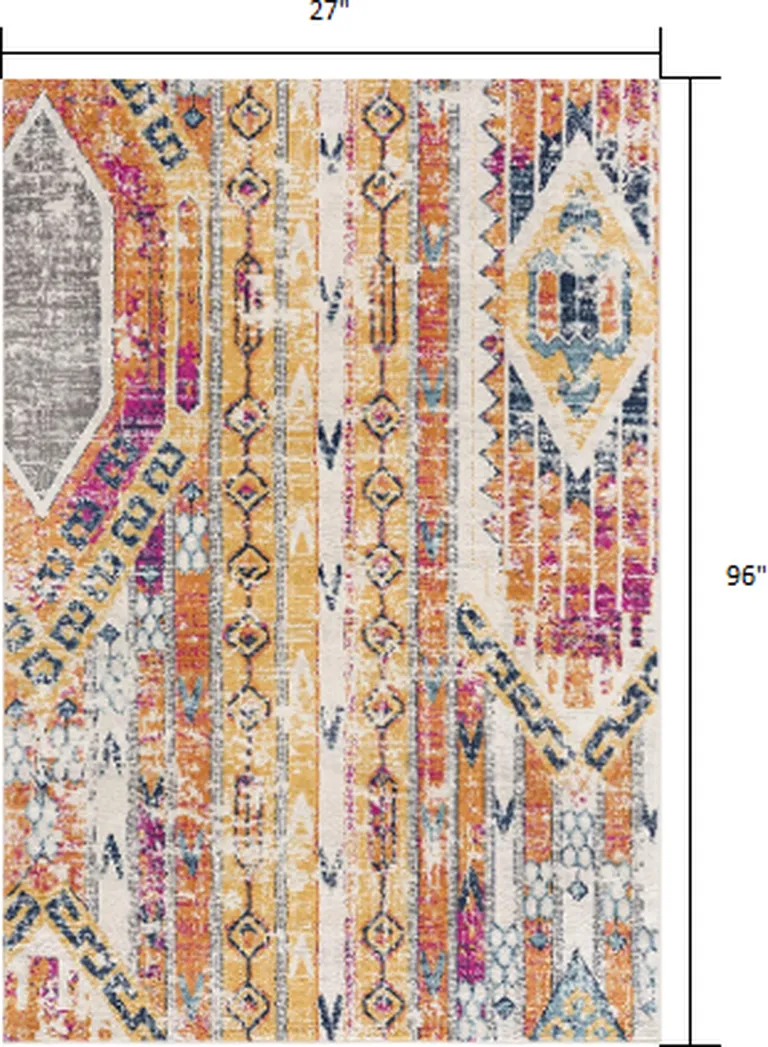 Gold and Ivory Distressed Tribal Runner Rug Photo 1