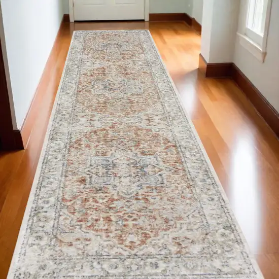 Gold and Ivory Oriental Power Loom Washable Runner Rug Photo 1