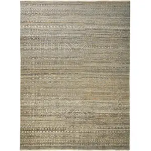 Photo of Gold and Tan Geometric Hand Knotted Worn Faded Area Rug