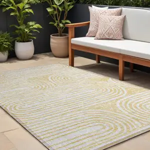 Photo of Gold and White Abstract Washable Non Skid Indoor Outdoor Area Rug