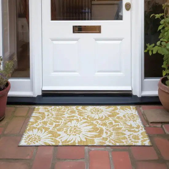 Gold and White Floral Washable Non Skid Indoor Outdoor Area Rug Photo 8