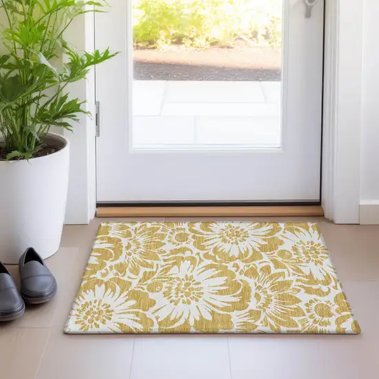 Gold and White Floral Washable Non Skid Indoor Outdoor Area Rug Photo 7