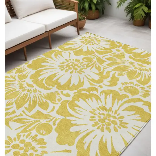 Gold and White Floral Washable Non Skid Indoor Outdoor Area Rug Photo 1