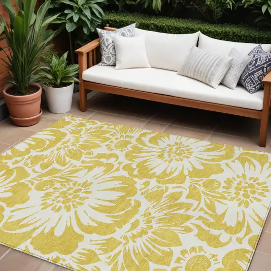 Gold and White Floral Washable Non Skid Indoor Outdoor Area Rug Photo 1