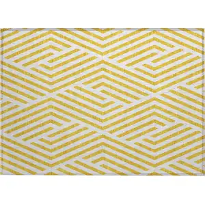 Photo of Gold and White Geometric Washable Non Skid Indoor Outdoor Area Rug