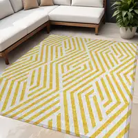 Photo of Gold and White Geometric Washable Non Skid Indoor Outdoor Area Rug