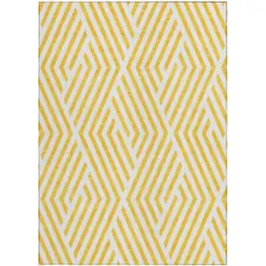 Photo of Gold and White Geometric Washable Non Skid Indoor Outdoor Area Rug