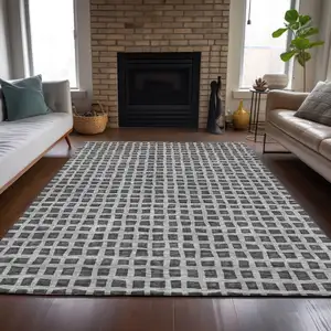 Photo of Graphite Gray And Silver Geometric Washable Indoor Outdoor Area Rug