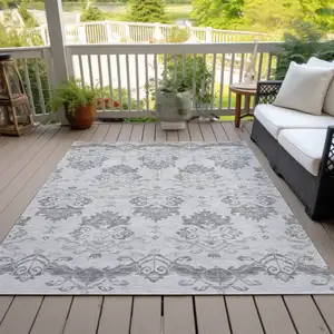 Photo of Graphite Gray And Silver Oriental Washable Indoor Outdoor Area Rug