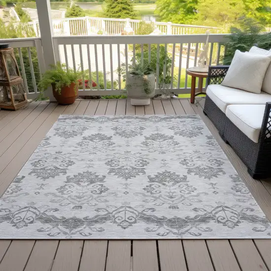 Graphite Gray And Silver Oriental Washable Indoor Outdoor Area Rug Photo 6