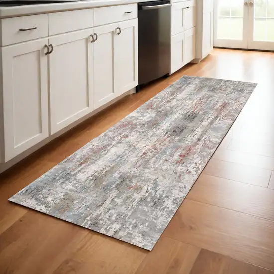 8' Gray and Ivory Abstract Power Loom Runner Rug Photo 1