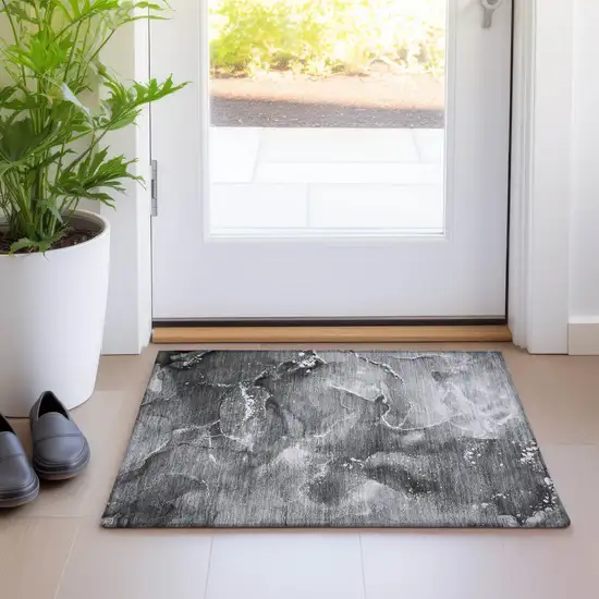 Gray Abstract Washable Non Skid Indoor Outdoor Area Rug Photo 9