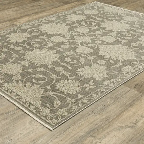 Gray And Beige Floral Area Rug With Fringe Photo 4