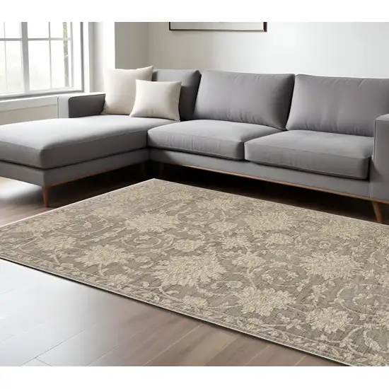 Gray And Beige Floral Area Rug With Fringe Photo 1