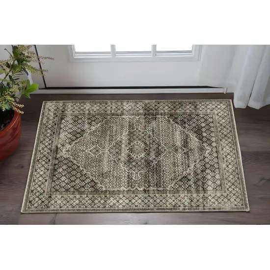 Gray And Beige Medallion Area Rug With Fringe Photo 1