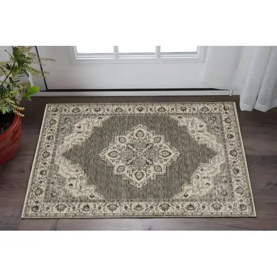 Gray And Beige Medallion Area Rug With Fringe Photo 1