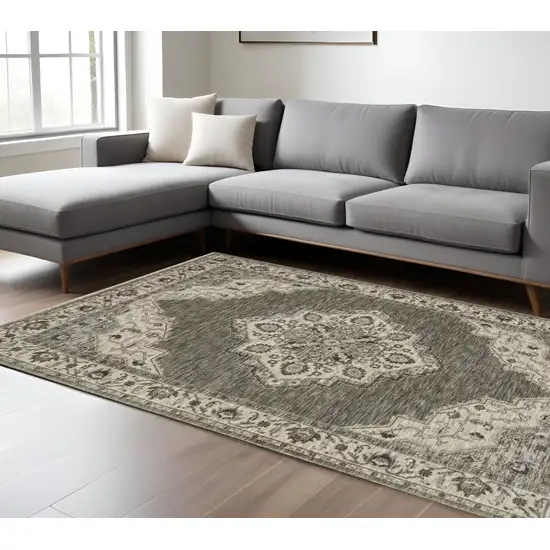 Gray And Beige Medallion Area Rug With Fringe Photo 1