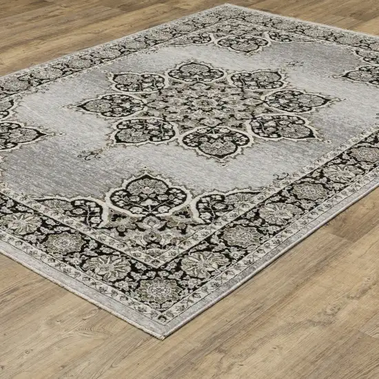 Gray And Black Medallion Area Rug With Fringe Photo 6