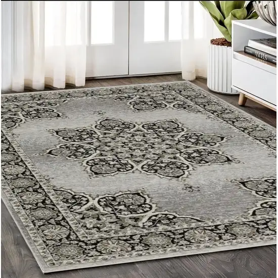 Gray And Black Medallion Area Rug With Fringe Photo 1