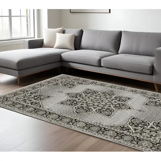 Gray And Black Medallion Area Rug With Fringe Photo 1