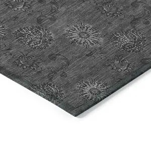 Photo of Gray And Charcoal Floral Washable Indoor Outdoor Area Rug