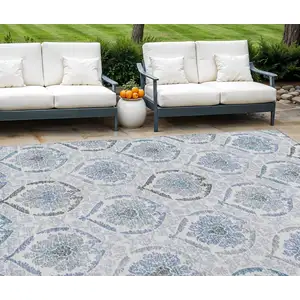 Photo of Gray And Denim Blue Medallion Washable Indoor Outdoor Area Rug