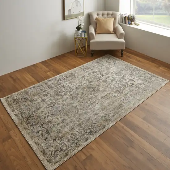 Gray And Ivory Floral Power Loom Distressed Area Rug Photo 4