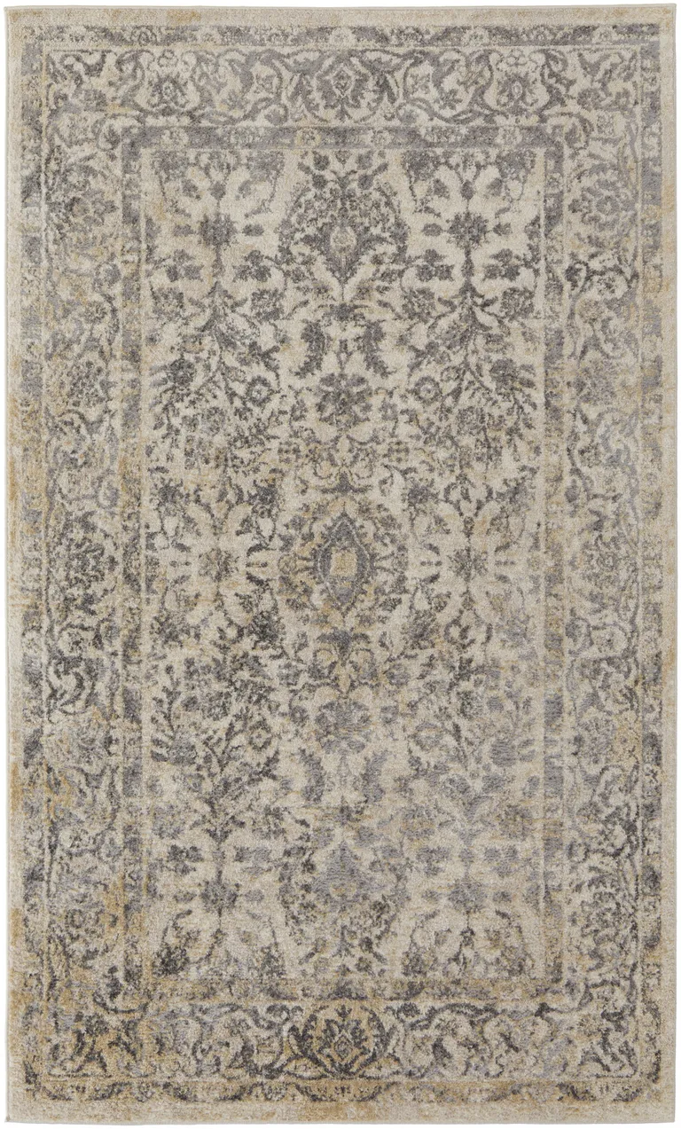 Gray And Ivory Floral Power Loom Distressed Area Rug Photo 1