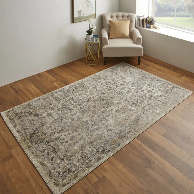 Gray And Ivory Floral Power Loom Distressed Area Rug Photo 4