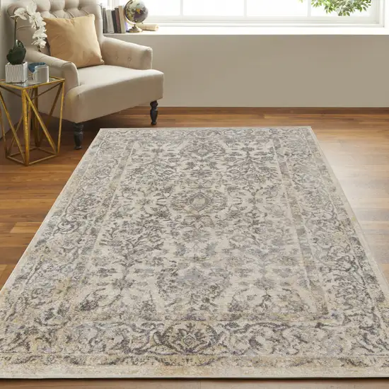 Gray And Ivory Floral Power Loom Distressed Area Rug Photo 5