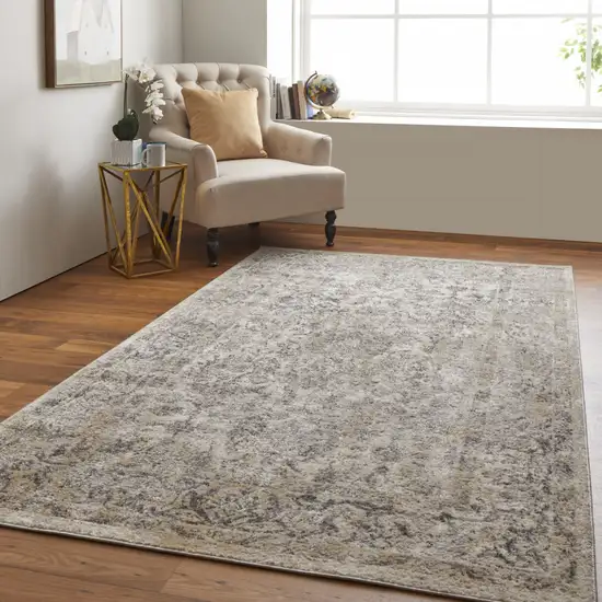 Gray And Ivory Floral Power Loom Distressed Area Rug Photo 6