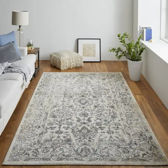 Gray And Ivory Floral Power Loom Distressed Area Rug Photo 7