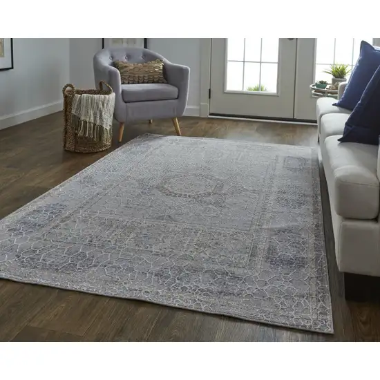 Gray And Ivory Floral Power Loom Distressed Stain Resistant Area Rug Photo 3