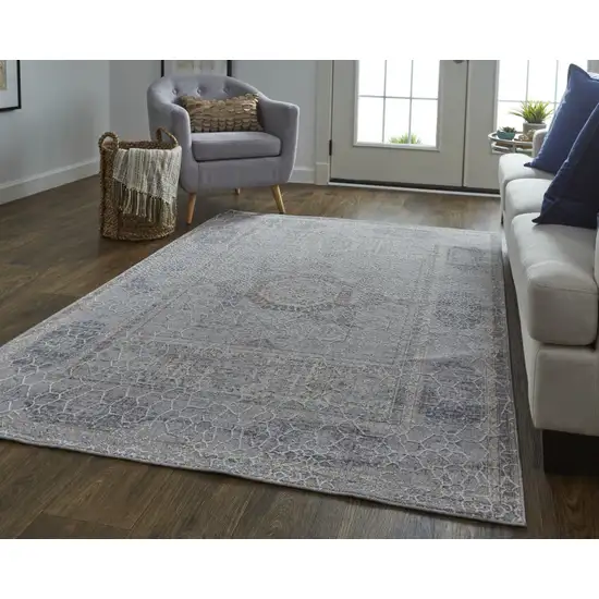 Gray And Ivory Floral Power Loom Distressed Stain Resistant Area Rug Photo 7