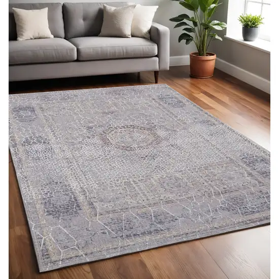 Gray and Ivory Floral Power Loom Distressed Area Rug Photo 1