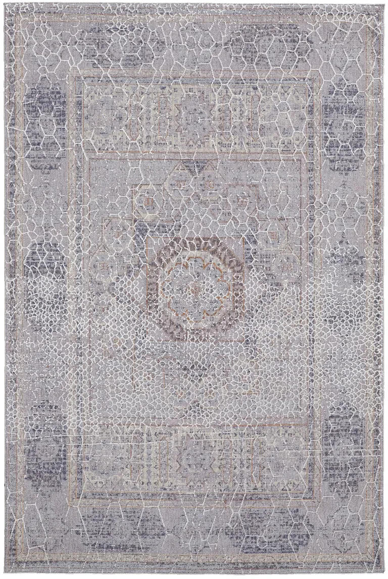 Gray And Ivory Floral Power Loom Distressed Stain Resistant Area Rug Photo 1