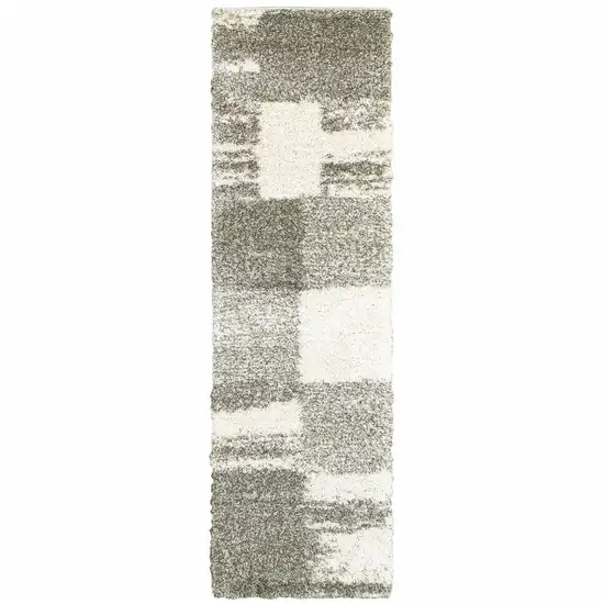 Gray And Ivory Geometric Shag Power Loom Runner Rug Photo 1