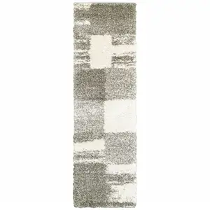 Photo of Gray And Ivory Geometric Shag Power Loom Runner Rug