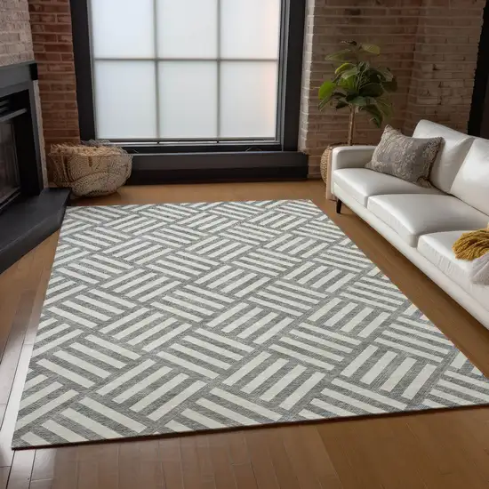 Gray And Ivory Geometric Washable Indoor Outdoor Area Rug Photo 7