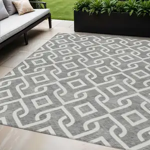 Photo of Gray And Ivory Geometric Washable Indoor Outdoor Area Rug