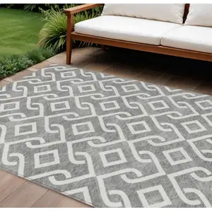 Photo of Gray And Ivory Geometric Washable Indoor Outdoor Area Rug